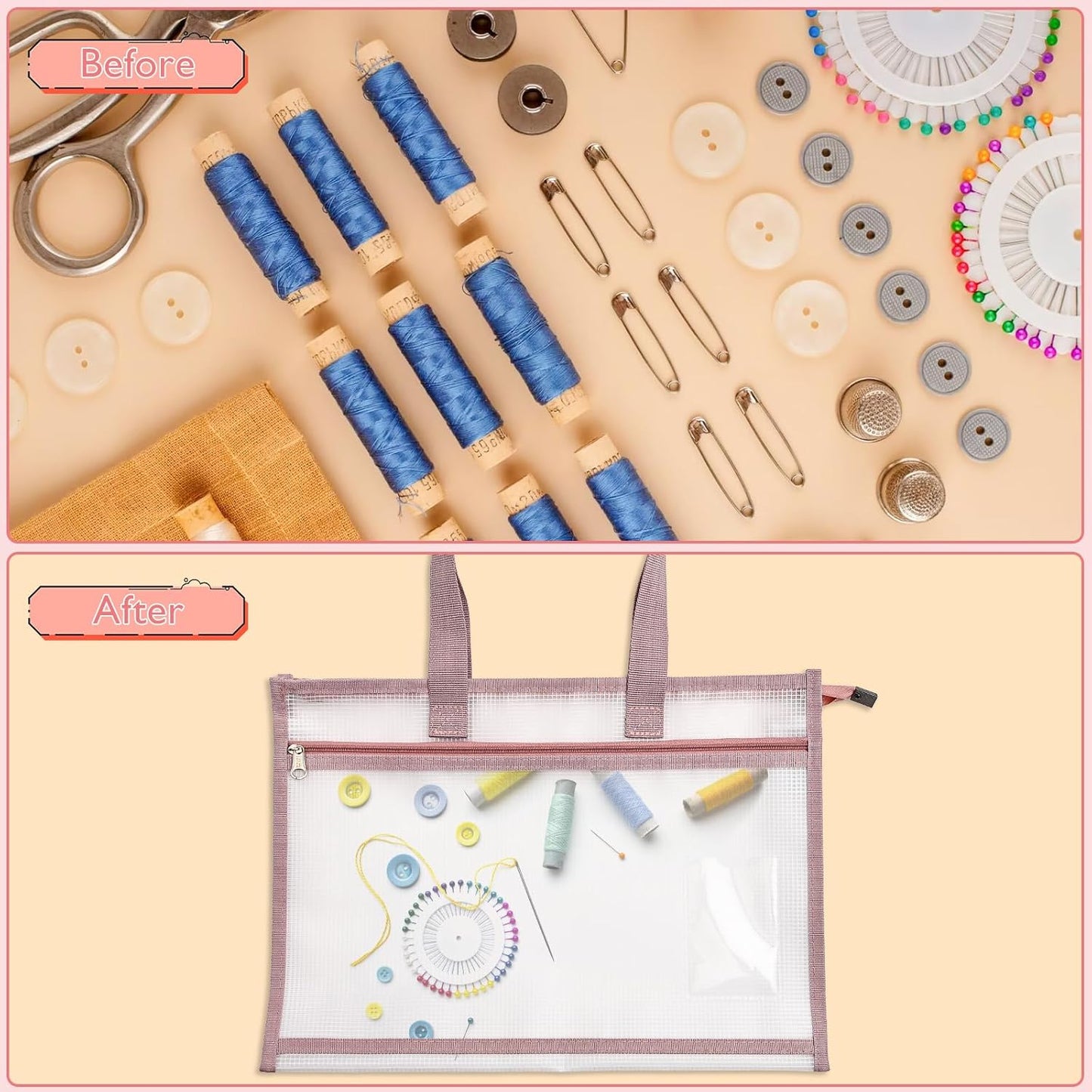 Project Bags for Quilting, A3 Size Portable Sewing Craft Bag with Handle, 17.3 x 13.6 in Waterproof Clear Zipper Pouch Bags for Knitting and Artworks Supplies (Pink)