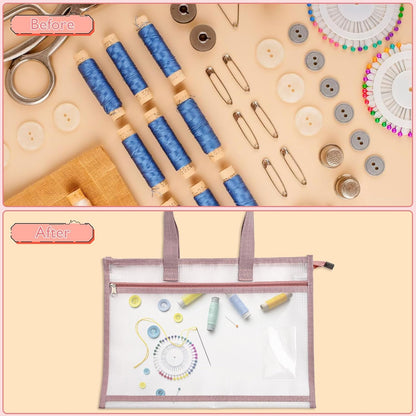 Project Bags for Quilting, A3 Size Portable Sewing Craft Bag with Handle, 17.3 x 13.6 in Waterproof Clear Zipper Pouch Bags for Knitting and Artworks Supplies (Pink)