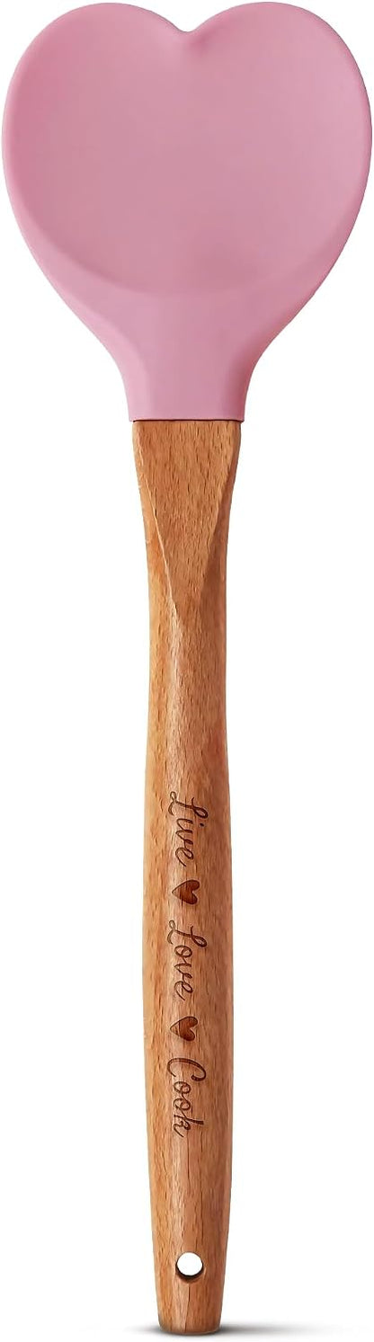 Gorgeous Heart shaped Bamboo Wooden Spoon with an engraved handle and heart shaped base hole for hanging The secret ingredient is Love The perfect addition to a kitchen (Pink Silicone)