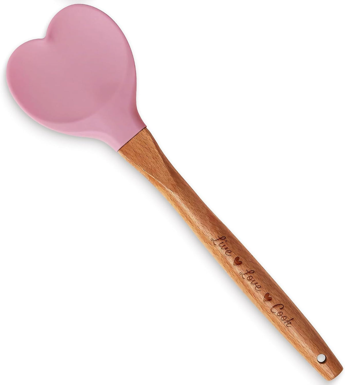 Gorgeous Heart shaped Bamboo Wooden Spoon with an engraved handle and heart shaped base hole for hanging The secret ingredient is Love The perfect addition to a kitchen (Pink Silicone)