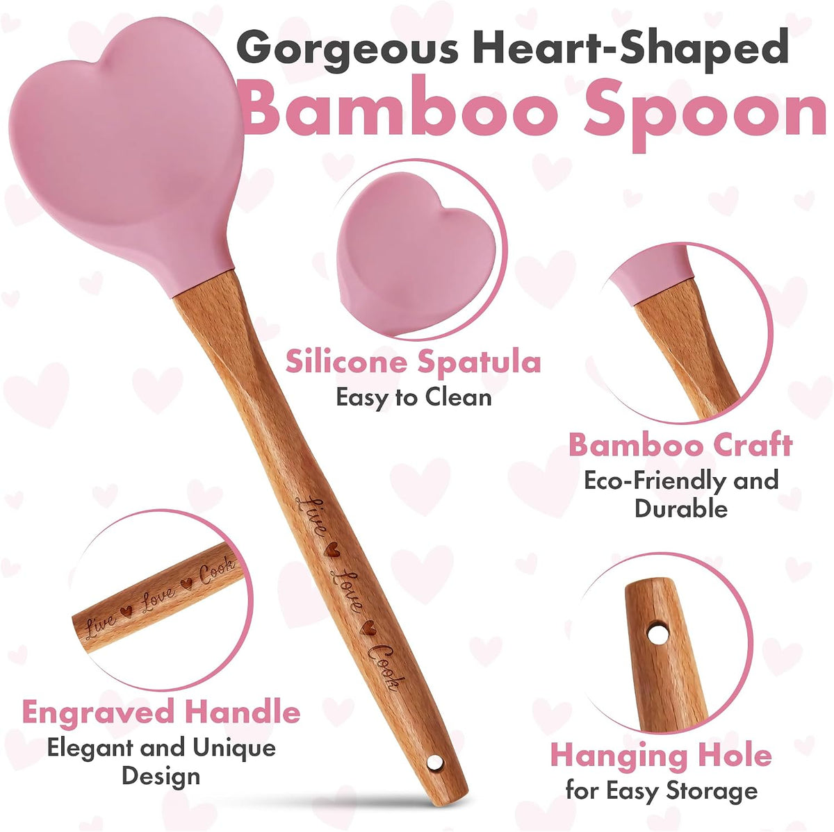 Gorgeous Heart shaped Bamboo Wooden Spoon with an engraved handle and heart shaped base hole for hanging The secret ingredient is Love The perfect addition to a kitchen (Pink Silicone)