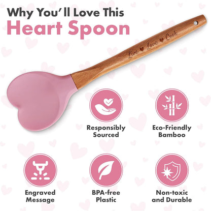 Gorgeous Heart shaped Bamboo Wooden Spoon with an engraved handle and heart shaped base hole for hanging The secret ingredient is Love The perfect addition to a kitchen (Pink Silicone)