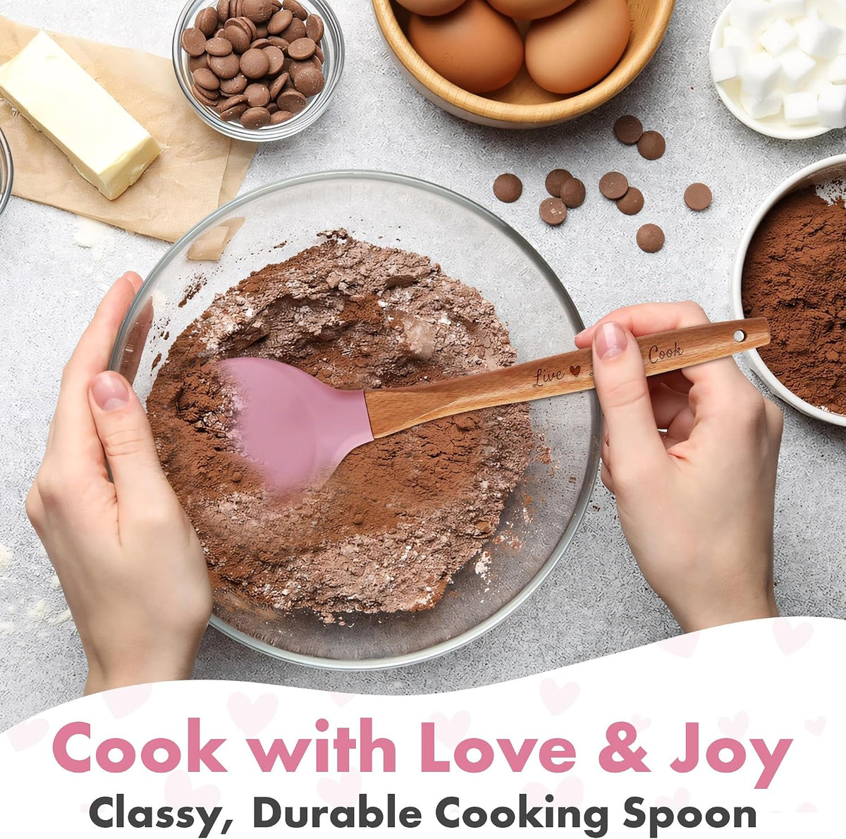 Gorgeous Heart shaped Bamboo Wooden Spoon with an engraved handle and heart shaped base hole for hanging The secret ingredient is Love The perfect addition to a kitchen (Pink Silicone)