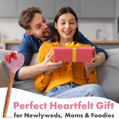 Gorgeous Heart shaped Bamboo Wooden Spoon with an engraved handle and heart shaped base hole for hanging The secret ingredient is Love The perfect addition to a kitchen (Pink Silicone)