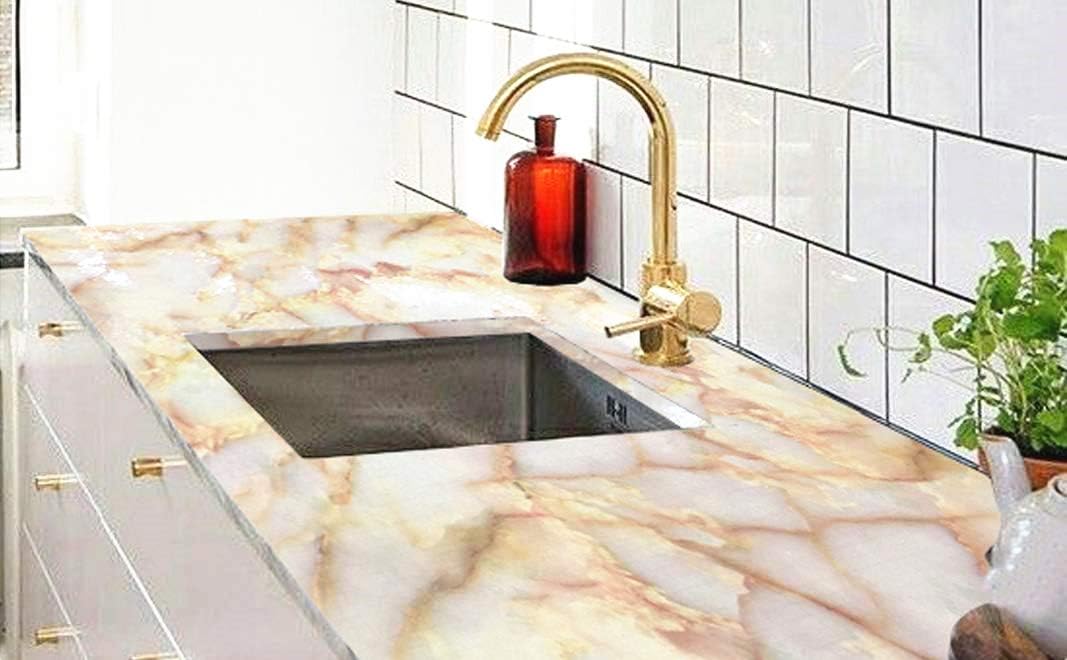 Pink Jade Marble Paper Granite Look Effect Countertops Adhesive Paper Gloss Vinyl Film Wallpaper Self Adhesive Removable 15.8inch by 79inch