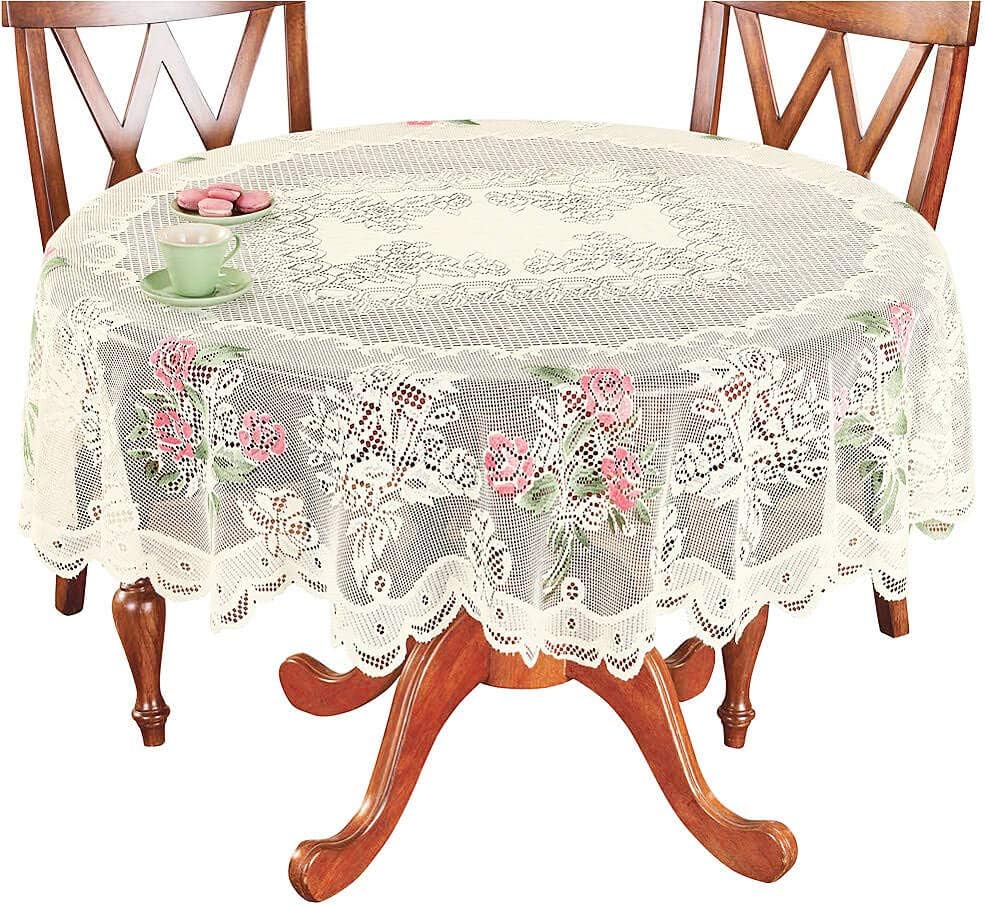 Christmas Lace Round Tablecloth 70 Inch for Kitchen Dining Room Tables, Pink Rose Floral Embroidery Lace Table Cloth Cover for Party Festival Wedding Banquet Baby Shower, Cream