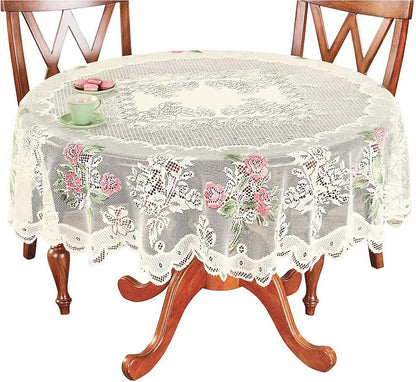 Christmas Lace Round Tablecloth 70 Inch for Kitchen Dining Room Tables, Pink Rose Floral Embroidery Lace Table Cloth Cover for Party Festival Wedding Banquet Baby Shower, Cream
