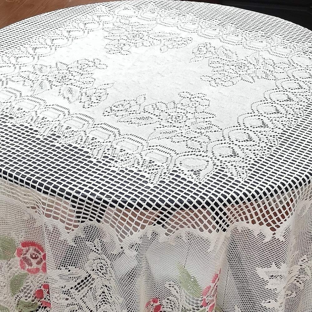 Christmas Lace Round Tablecloth 70 Inch for Kitchen Dining Room Tables, Pink Rose Floral Embroidery Lace Table Cloth Cover for Party Festival Wedding Banquet Baby Shower, Cream