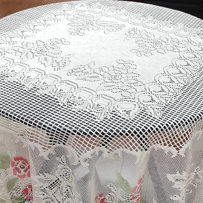 Christmas Lace Round Tablecloth 70 Inch for Kitchen Dining Room Tables, Pink Rose Floral Embroidery Lace Table Cloth Cover for Party Festival Wedding Banquet Baby Shower, Cream