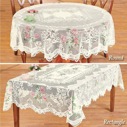 Christmas Lace Round Tablecloth 70 Inch for Kitchen Dining Room Tables, Pink Rose Floral Embroidery Lace Table Cloth Cover for Party Festival Wedding Banquet Baby Shower, Cream