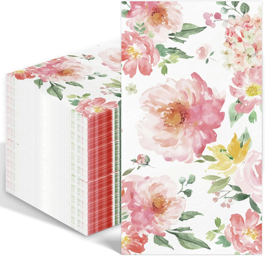 IANFEPH 100PCS Floral Napkins Watercolor Flower Disposable 3 Ply Decorative Paper Hand Towels for Bathroom Pink Guest Napkins for Wedding Bridal Baby Shower Tea Party Birthday