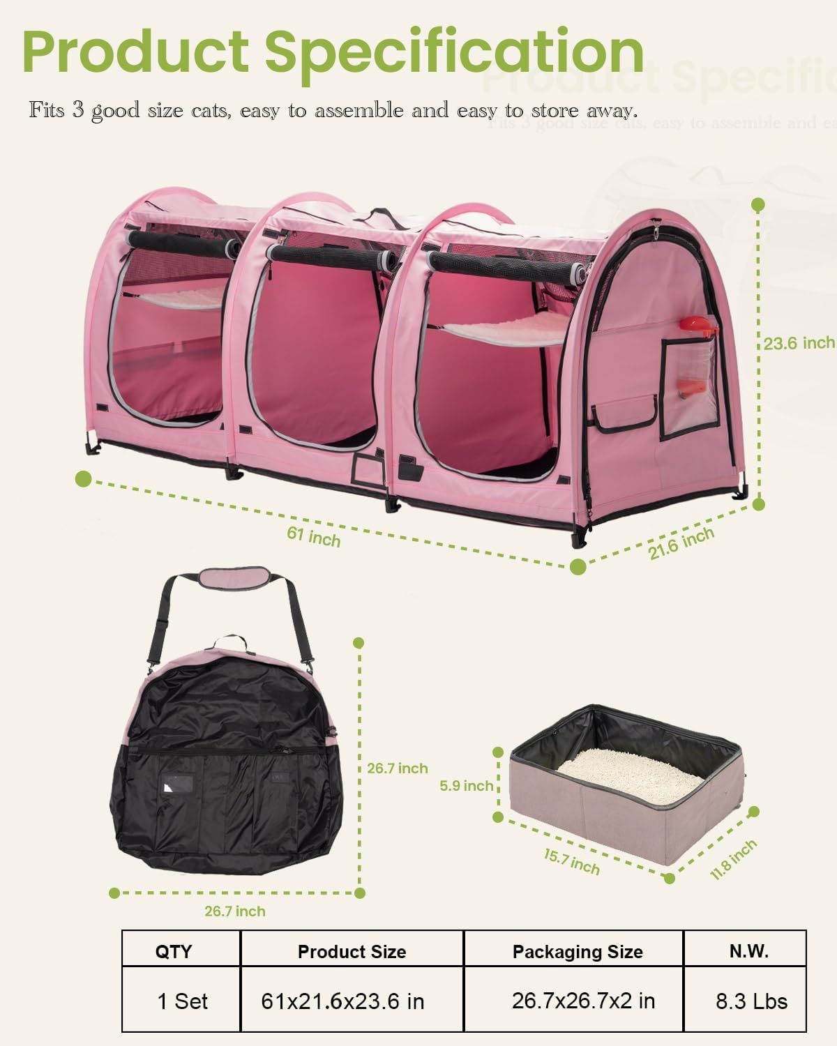 Portable Three Compartment Show House Cat Cage Condo - Easy to Fold & Carry Kennel - Comfy Puppy Home & Dog Travel Crate with Portable Carry Bag,2 Hammocks,3 Mats and Collapsible Litter Boxs