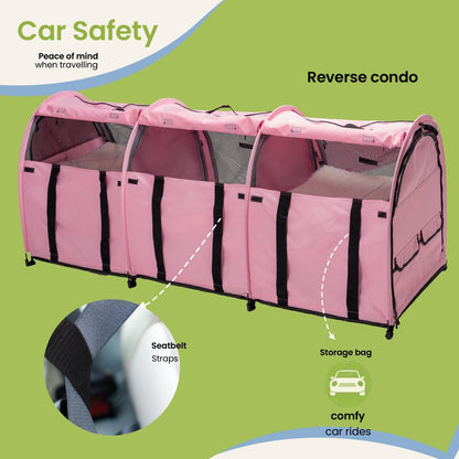 Portable Three Compartment Show House Cat Cage Condo - Easy to Fold & Carry Kennel - Comfy Puppy Home & Dog Travel Crate with Portable Carry Bag,2 Hammocks,3 Mats and Collapsible Litter Boxs