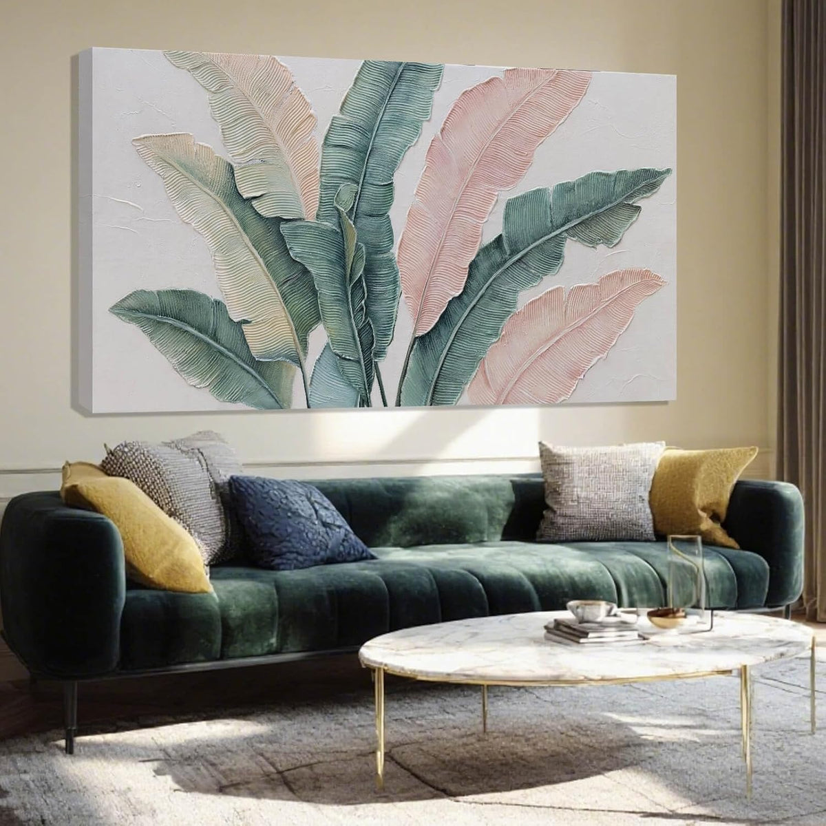 Large Green Flower Wall Decor and Pink Plant Wall Decor | Modern Wall Art for Living Room | Canvas Wall Art for Bedroom | Room Posters 24" x 48"