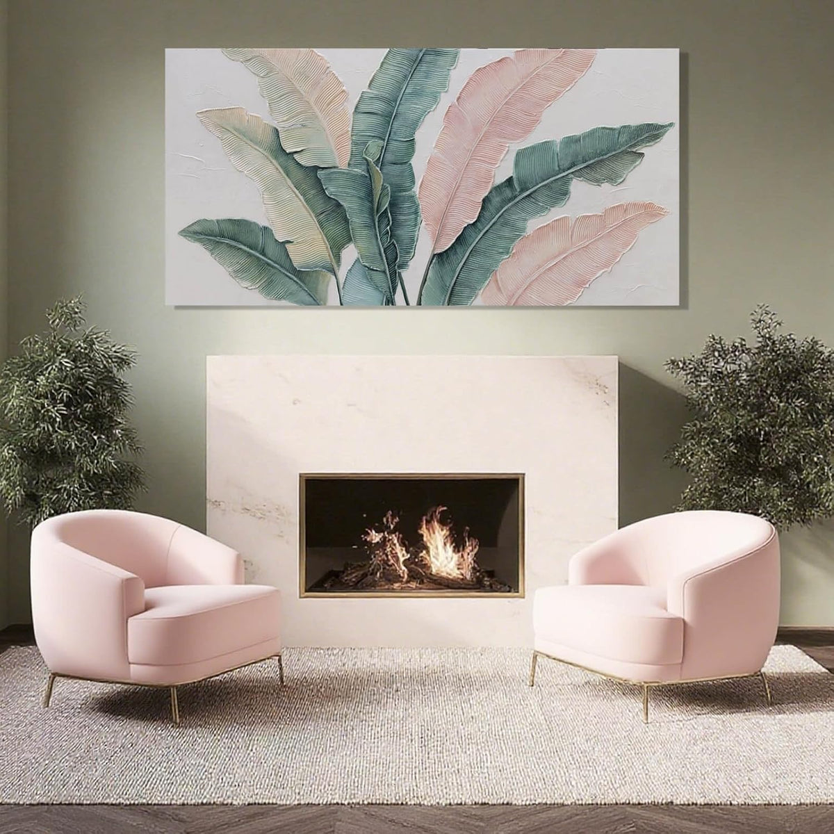 Large Green Flower Wall Decor and Pink Plant Wall Decor | Modern Wall Art for Living Room | Canvas Wall Art for Bedroom | Room Posters 24" x 48"