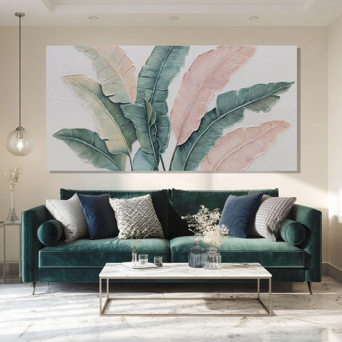 Large Green Flower Wall Decor and Pink Plant Wall Decor | Modern Wall Art for Living Room | Canvas Wall Art for Bedroom | Room Posters 24" x 48"