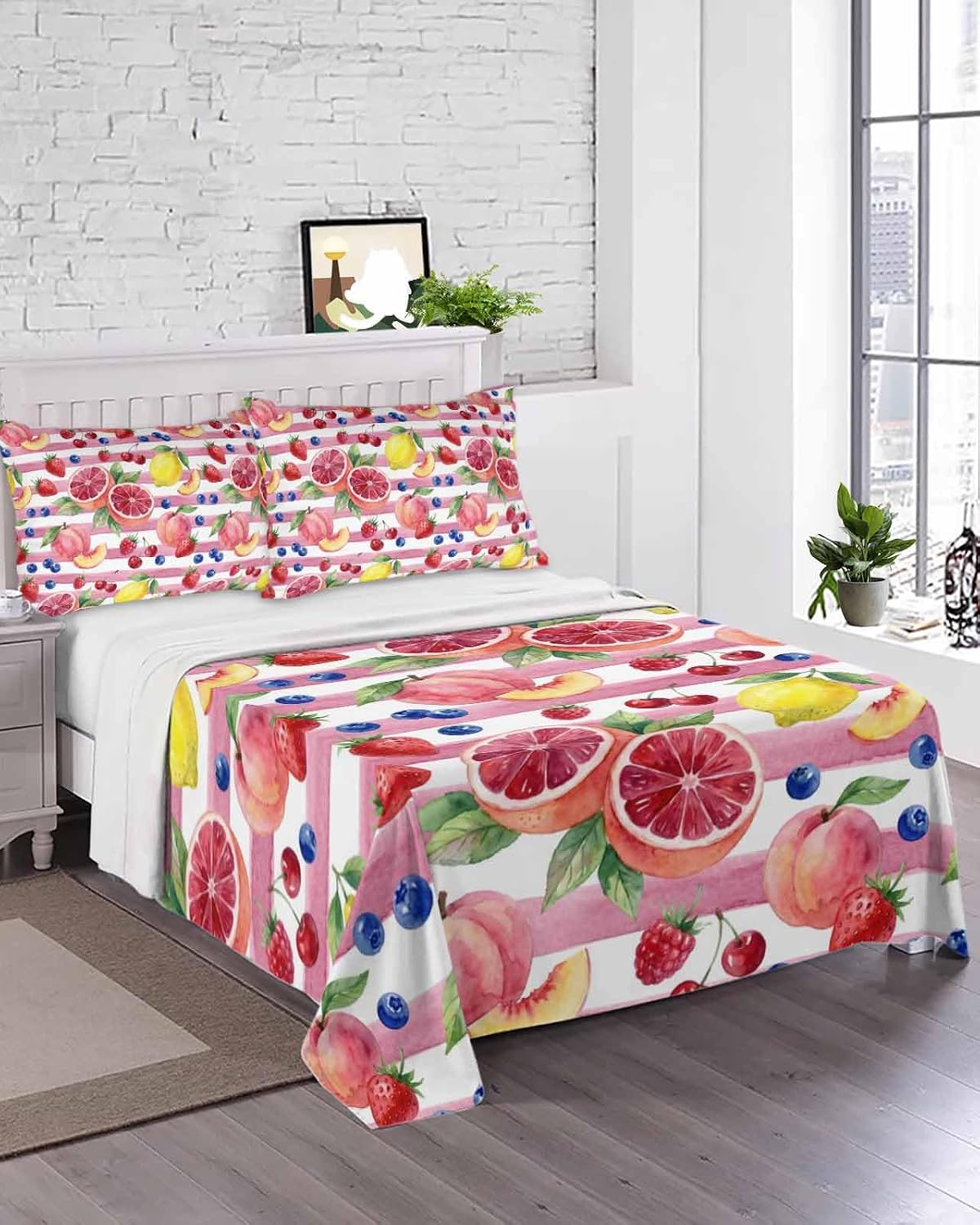 Queen Flat Sheet Top Sheet Only, Summer Peach Lemon Grapefruit Soft Microfiber Breathable Bed Sheets, Blueberry Strawberry Pink Stripe Hotel Luxury Bedding Flat Sheets