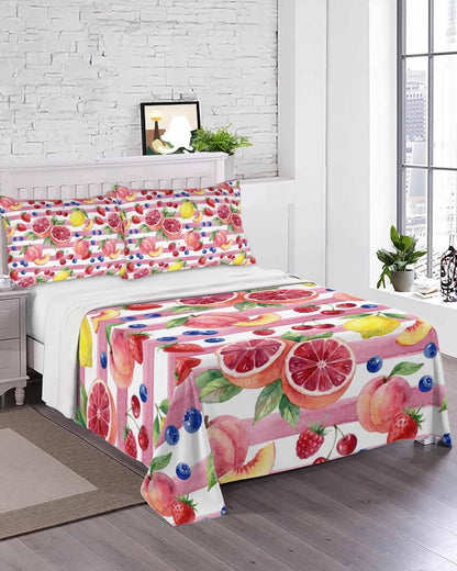 Queen Flat Sheet Top Sheet Only, Summer Peach Lemon Grapefruit Soft Microfiber Breathable Bed Sheets, Blueberry Strawberry Pink Stripe Hotel Luxury Bedding Flat Sheets