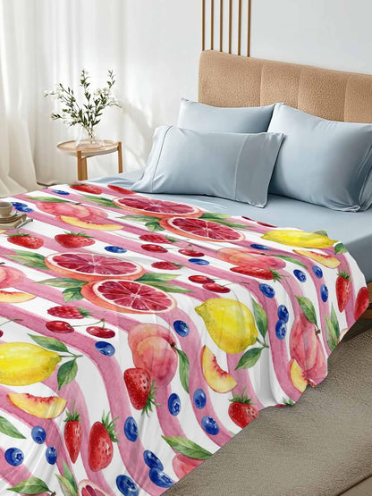 Queen Flat Sheet Top Sheet Only, Summer Peach Lemon Grapefruit Soft Microfiber Breathable Bed Sheets, Blueberry Strawberry Pink Stripe Hotel Luxury Bedding Flat Sheets