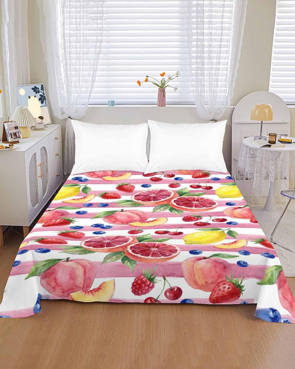 Queen Flat Sheet Top Sheet Only, Summer Peach Lemon Grapefruit Soft Microfiber Breathable Bed Sheets, Blueberry Strawberry Pink Stripe Hotel Luxury Bedding Flat Sheets