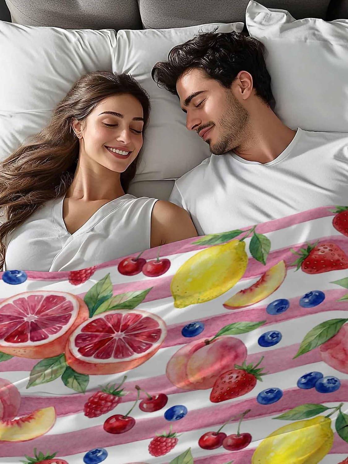 Queen Flat Sheet Top Sheet Only, Summer Peach Lemon Grapefruit Soft Microfiber Breathable Bed Sheets, Blueberry Strawberry Pink Stripe Hotel Luxury Bedding Flat Sheets