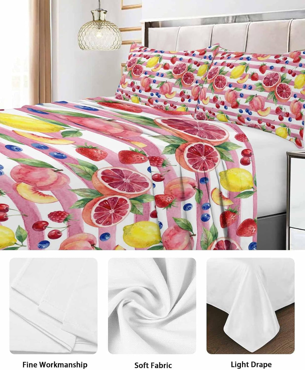 Queen Flat Sheet Top Sheet Only, Summer Peach Lemon Grapefruit Soft Microfiber Breathable Bed Sheets, Blueberry Strawberry Pink Stripe Hotel Luxury Bedding Flat Sheets