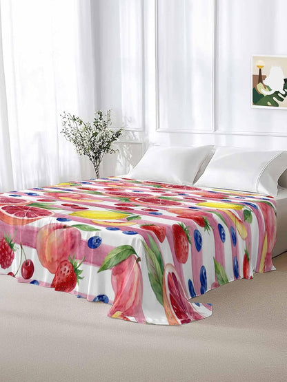 Queen Flat Sheet Top Sheet Only, Summer Peach Lemon Grapefruit Soft Microfiber Breathable Bed Sheets, Blueberry Strawberry Pink Stripe Hotel Luxury Bedding Flat Sheets