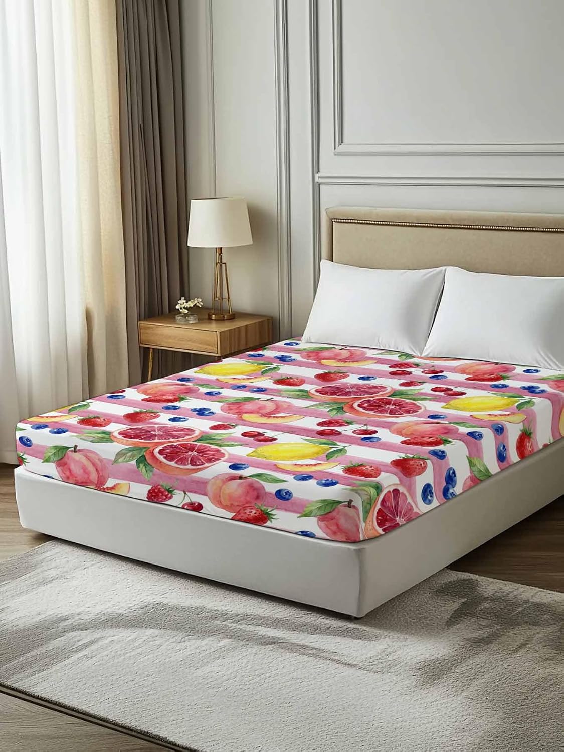 Queen Flat Sheet Top Sheet Only, Summer Peach Lemon Grapefruit Soft Microfiber Breathable Bed Sheets, Blueberry Strawberry Pink Stripe Hotel Luxury Bedding Flat Sheets