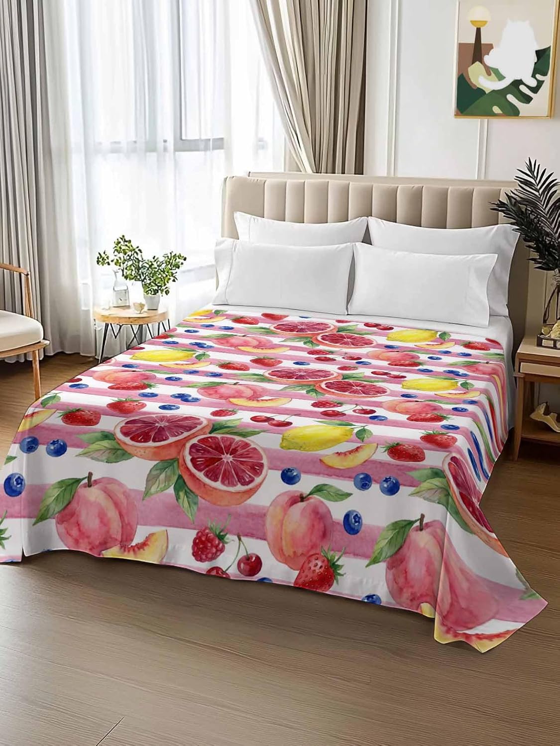 Queen Flat Sheet Top Sheet Only, Summer Peach Lemon Grapefruit Soft Microfiber Breathable Bed Sheets, Blueberry Strawberry Pink Stripe Hotel Luxury Bedding Flat Sheets