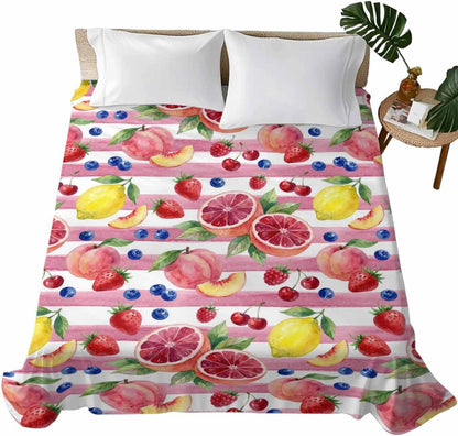 Queen Flat Sheet Top Sheet Only, Summer Peach Lemon Grapefruit Soft Microfiber Breathable Bed Sheets, Blueberry Strawberry Pink Stripe Hotel Luxury Bedding Flat Sheets