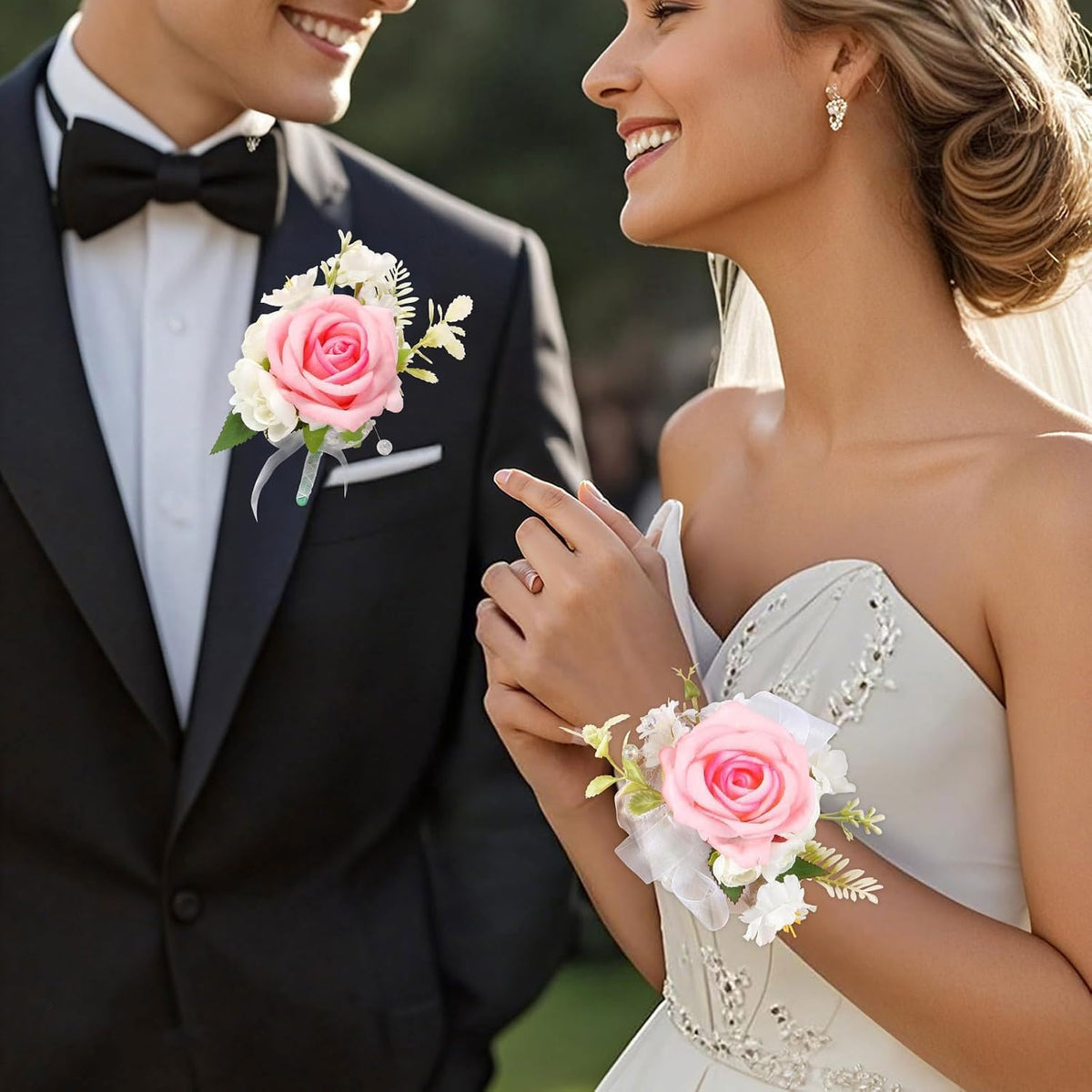Boutonniere & Wrist Corsage Set for Wedding Prom, Pink Rose