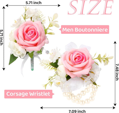 Boutonniere & Wrist Corsage Set for Wedding Prom, Pink Rose