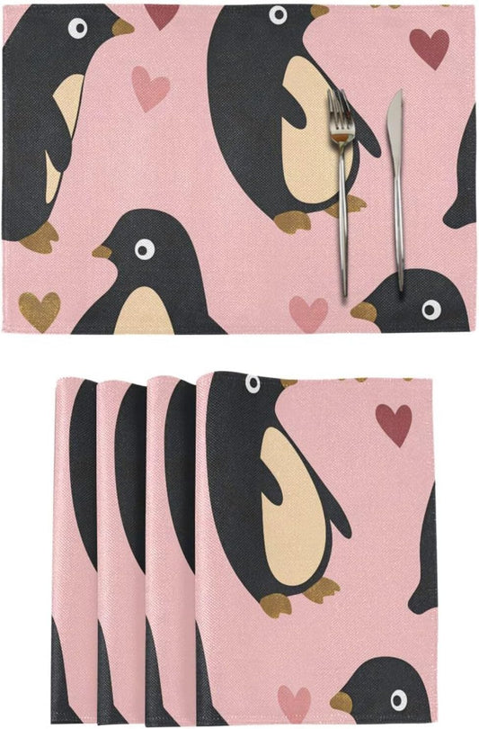 Penguin Peach Valentine's Day Gold Decorative placemats and napkins for dining table rustic plate mats accesorios para mesa de comedor set of 6 12x18