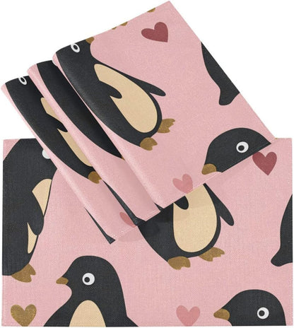 Penguin Peach Valentine's Day Gold Decorative placemats and napkins for dining table rustic plate mats accesorios para mesa de comedor set of 6 12x18