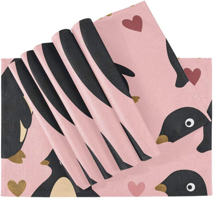 Penguin Peach Valentine's Day Gold Decorative placemats and napkins for dining table rustic plate mats accesorios para mesa de comedor set of 6 12x18