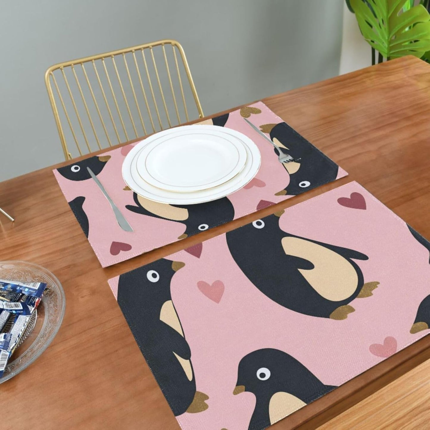 Penguin Peach Valentine's Day Gold Decorative placemats and napkins for dining table rustic plate mats accesorios para mesa de comedor set of 6 12x18