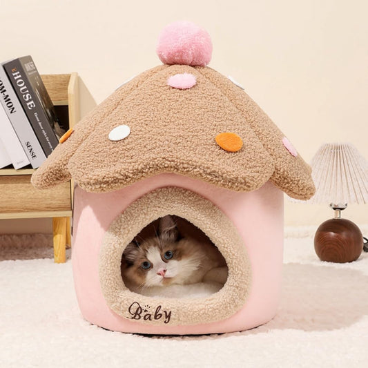 Mushroom Shape Cat Bed Cave for Indoor Cats, Soft Warm Cute Dog Cat House with Removable Cushion Enclosed Pet Hideout with Fluffy Ball Hanging for Cats Kittens Puppies (Pink, M-15.3 * 15.3 inches)