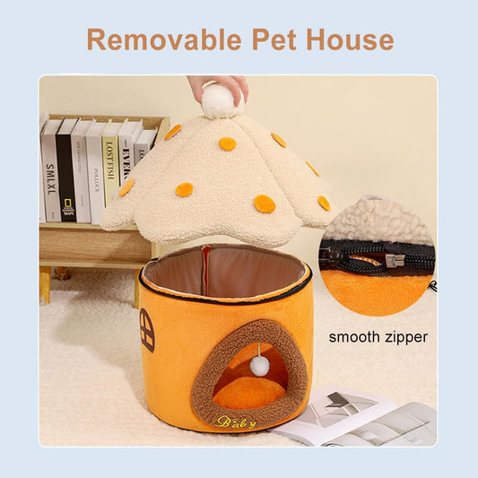 Mushroom Shape Cat Bed Cave for Indoor Cats, Soft Warm Cute Dog Cat House with Removable Cushion Enclosed Pet Hideout with Fluffy Ball Hanging for Cats Kittens Puppies (Pink, M-15.3 * 15.3 inches)
