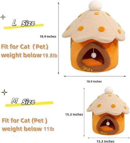 Mushroom Shape Cat Bed Cave for Indoor Cats, Soft Warm Cute Dog Cat House with Removable Cushion Enclosed Pet Hideout with Fluffy Ball Hanging for Cats Kittens Puppies (Pink, M-15.3 * 15.3 inches)