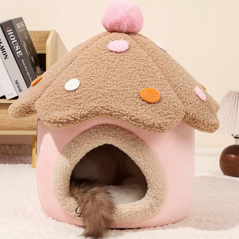 Mushroom Shape Cat Bed Cave for Indoor Cats, Soft Warm Cute Dog Cat House with Removable Cushion Enclosed Pet Hideout with Fluffy Ball Hanging for Cats Kittens Puppies (Pink, M-15.3 * 15.3 inches)