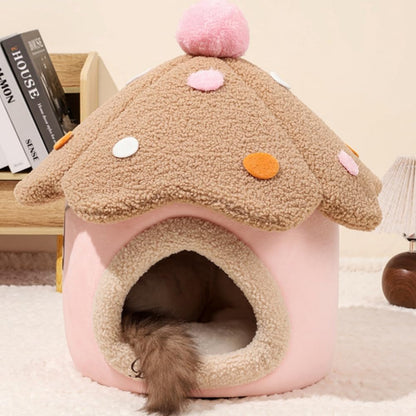 Mushroom Shape Cat Bed Cave for Indoor Cats, Soft Warm Cute Dog Cat House with Removable Cushion Enclosed Pet Hideout with Fluffy Ball Hanging for Cats Kittens Puppies (Pink, M-15.3 * 15.3 inches)
