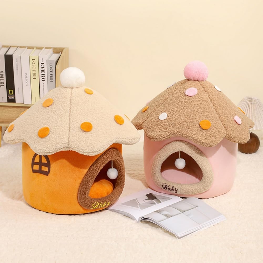 Mushroom Shape Cat Bed Cave for Indoor Cats, Soft Warm Cute Dog Cat House with Removable Cushion Enclosed Pet Hideout with Fluffy Ball Hanging for Cats Kittens Puppies (Pink, M-15.3 * 15.3 inches)