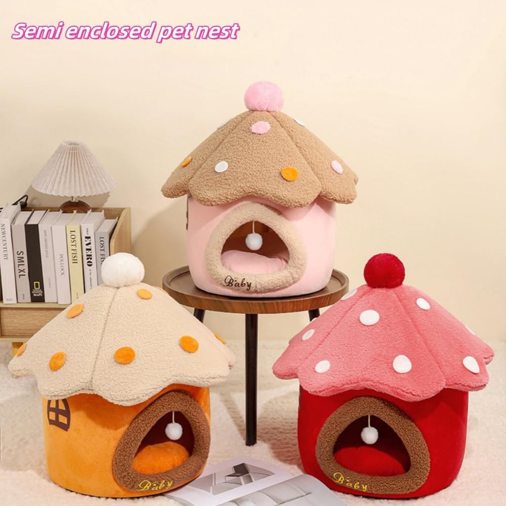Mushroom Shape Cat Bed Cave for Indoor Cats, Soft Warm Cute Dog Cat House with Removable Cushion Enclosed Pet Hideout with Fluffy Ball Hanging for Cats Kittens Puppies (Pink, M-15.3 * 15.3 inches)