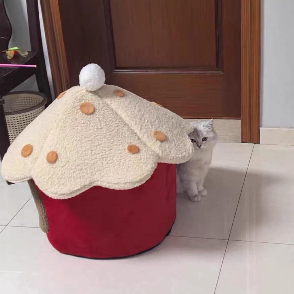 Mushroom Shape Cat Bed Cave for Indoor Cats, Soft Warm Cute Dog Cat House with Removable Cushion Enclosed Pet Hideout with Fluffy Ball Hanging for Cats Kittens Puppies (Pink, M-15.3 * 15.3 inches)