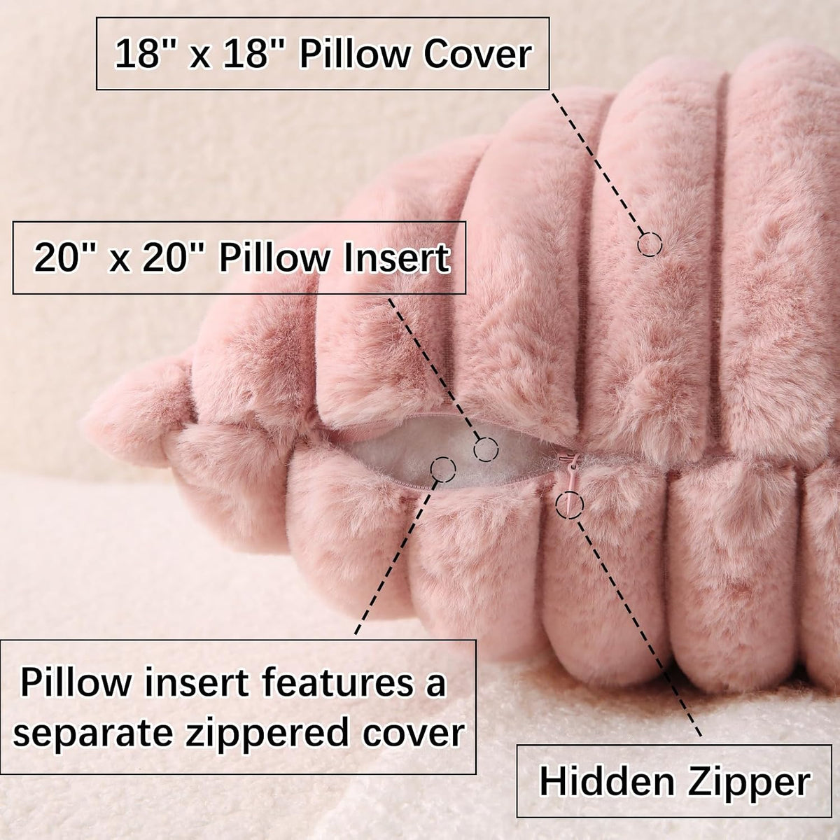 Decorative Throw Pillow with Inserts, Set of 2 Soft Faux Fur Throw Pillows, Square Boho Striped Pillow for Couch, Bed, Sofa Decor (Pink, 18" x 18"(Pack of 2))