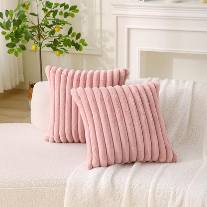 Decorative Throw Pillow with Inserts, Set of 2 Soft Faux Fur Throw Pillows, Square Boho Striped Pillow for Couch, Bed, Sofa Decor (Pink, 18" x 18"(Pack of 2))