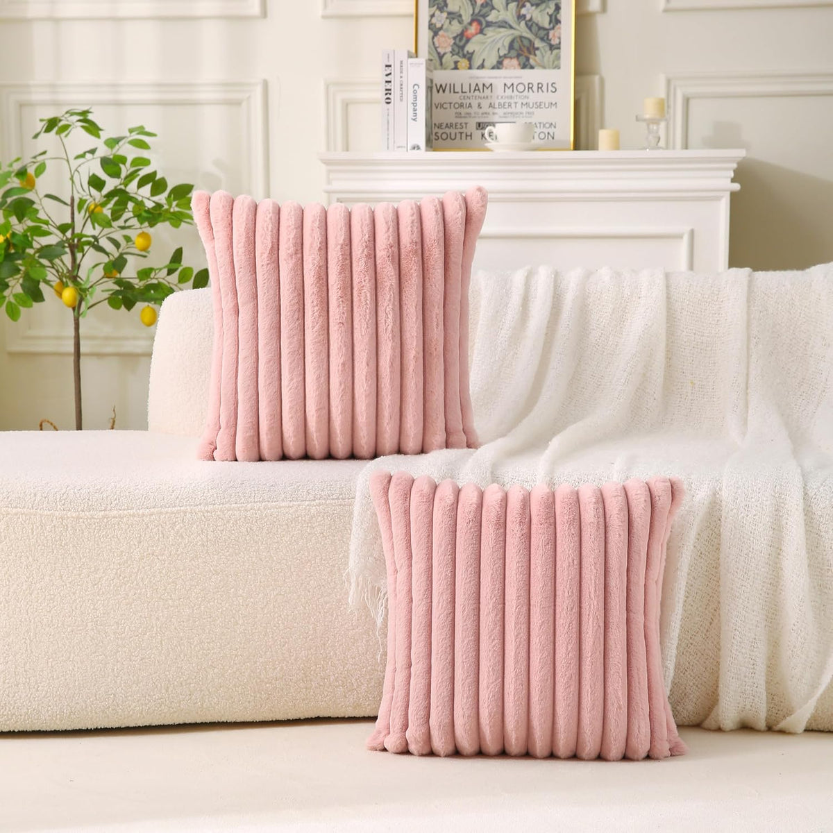 Decorative Throw Pillow with Inserts, Set of 2 Soft Faux Fur Throw Pillows, Square Boho Striped Pillow for Couch, Bed, Sofa Decor (Pink, 18" x 18"(Pack of 2))