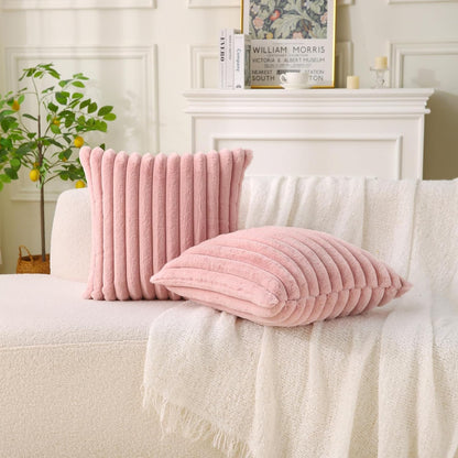 Decorative Throw Pillow with Inserts, Set of 2 Soft Faux Fur Throw Pillows, Square Boho Striped Pillow for Couch, Bed, Sofa Decor (Pink, 18" x 18"(Pack of 2))