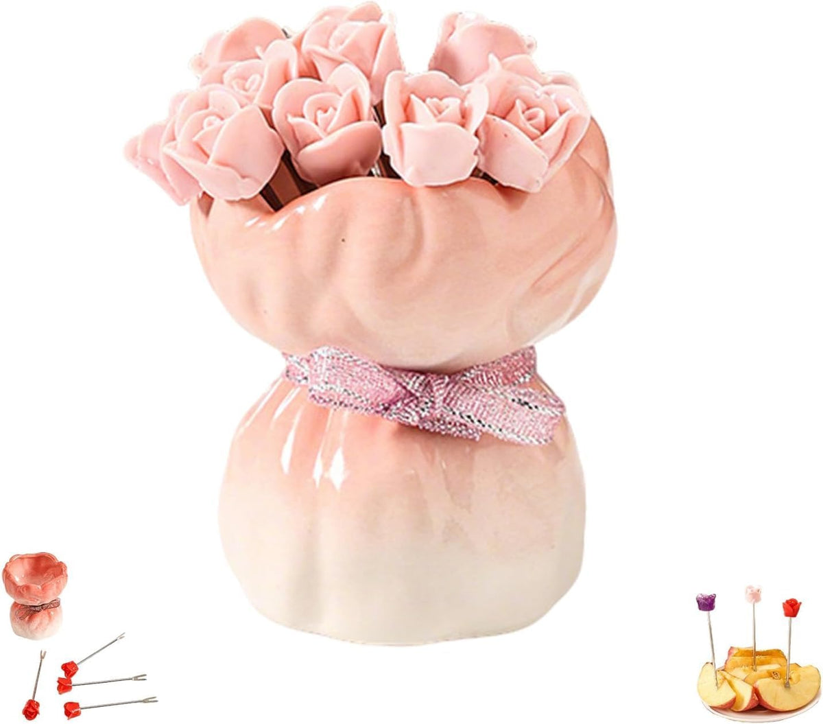 12-Piece Rose-Shaped Stainless Steel Fruit Forks Set with Ceramic Vase — Silver Mini Forks for Coffee Bar Accessories, Kitchen, Party & Restaurant Use (Gradation Pink Rose)