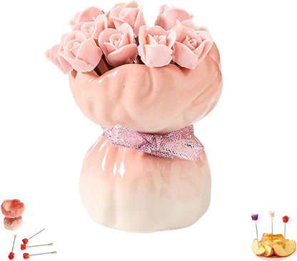 12-Piece Rose-Shaped Stainless Steel Fruit Forks Set with Ceramic Vase — Silver Mini Forks for Coffee Bar Accessories, Kitchen, Party & Restaurant Use (Gradation Pink Rose)